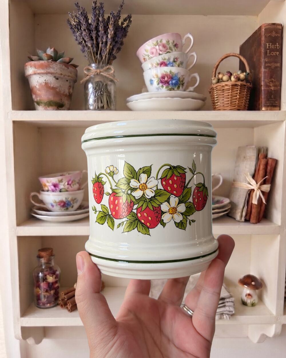 Vintage Strawberry Country Kitchen Stoneware Crock Canister No Lid Green Trim